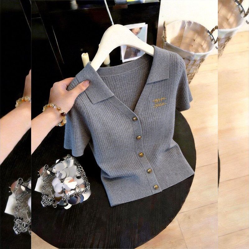 Soft V-Neck Knit Top – Breathable & Office-Ready (Premium Gray) | Summer Workwear Essential Skin-Friendly Fabric_ecoleips.com
