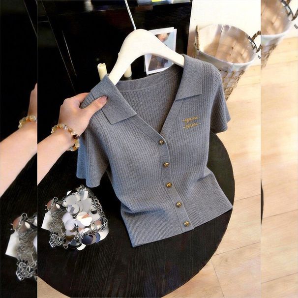 Soft V-Neck Knit Top – Breathable & Office-Ready (Premium Gray) | Summer Workwear Essential Skin-Friendly Fabric_ecoleips.com