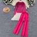 Women's Clothing Elegant Jacquard V-Neck Knit Cardigan & Pants Set Geometric Print, Long Sleeve, Stretch Comfort Fit (Rose Red/Black, S-XL)_ecoleips.com