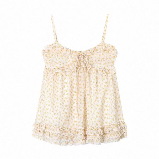 New Self-made Sweet Style Blue Floral Tie-up Camisole Women, Versatile And Age-reducing Slimming Top For Spring_ecoleips.com