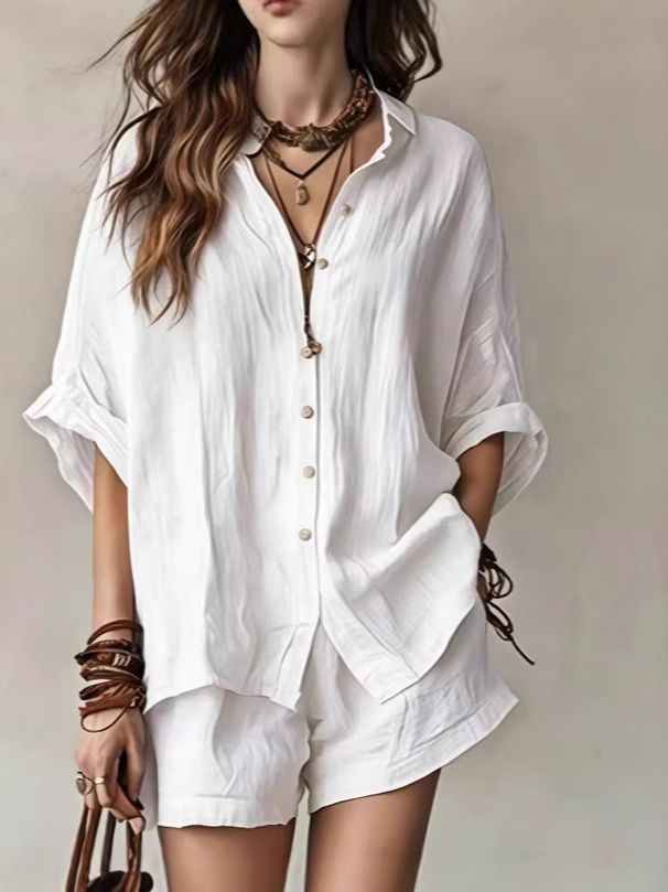Women's Solid Color Button down Shirt And Shorts Set European American Style Spring/Summer Casual Fashion Loose Fit Pant Suit_ecoleips.com