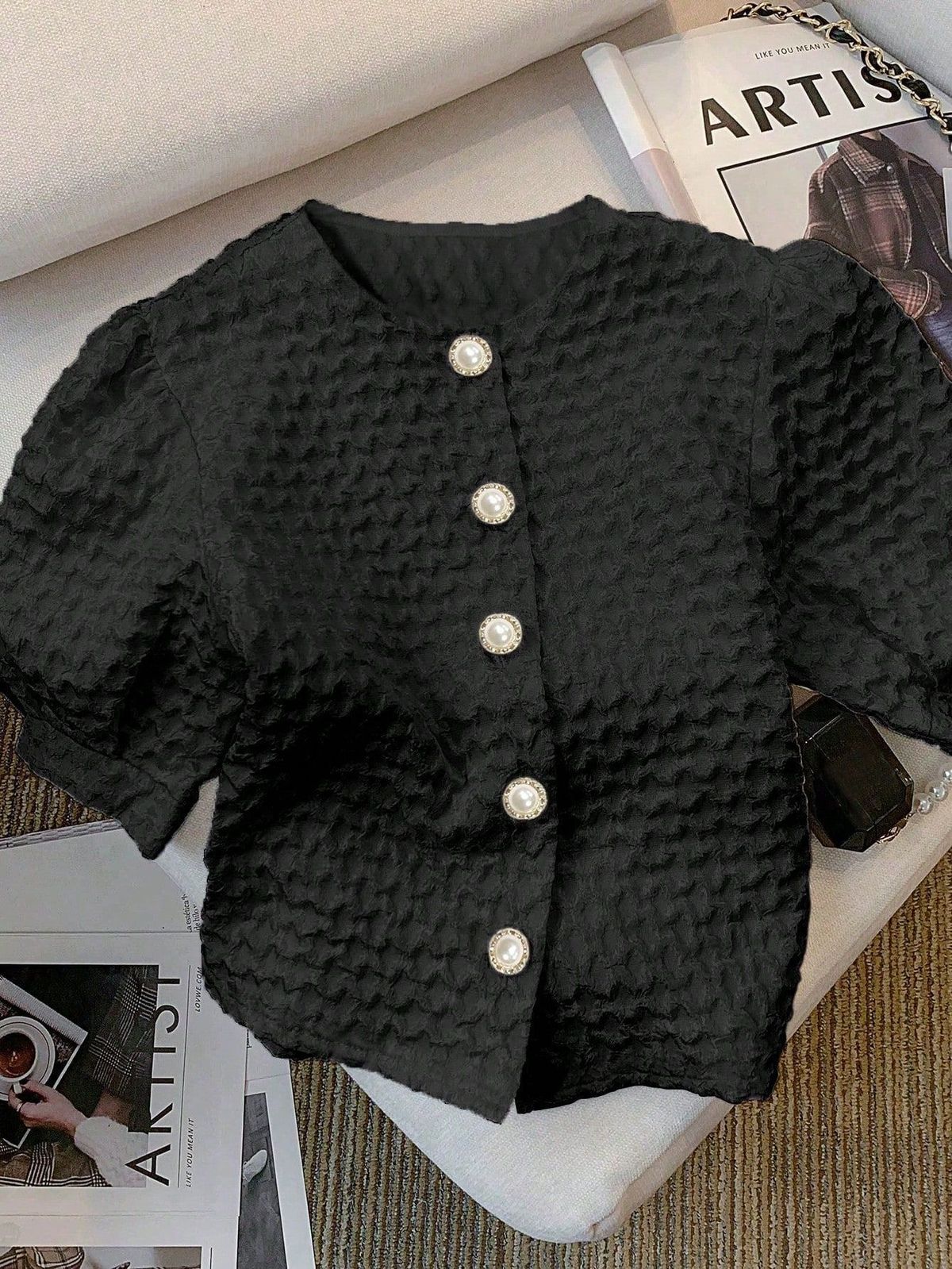 Women's Classic Notch Collar Short Sleeve Shirt Breathable Office Blouse Button Detail Summer Top_ecoleips.com