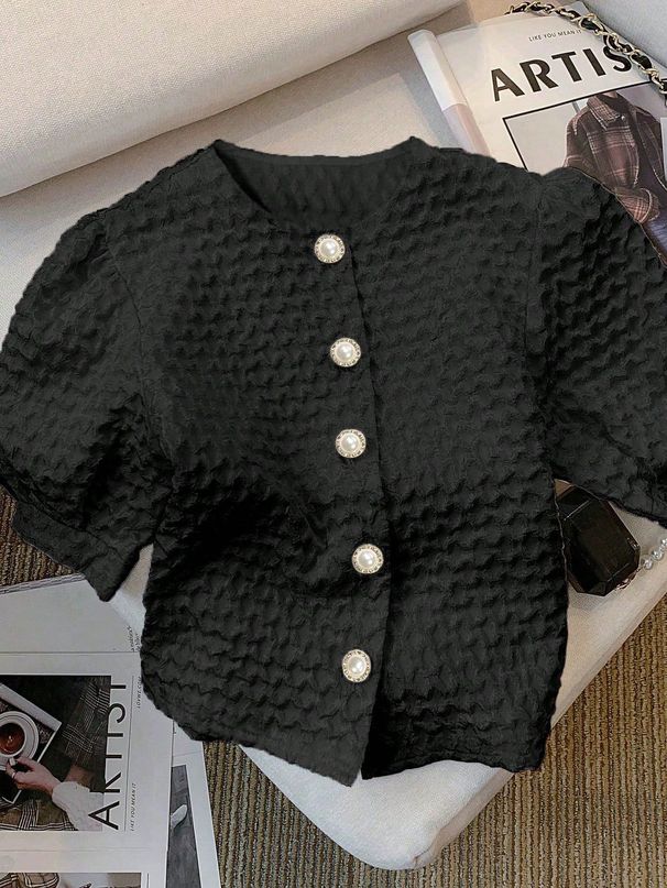 Women's Classic Notch Collar Short Sleeve Shirt Breathable Office Blouse Button Detail Summer Top_ecoleips.com