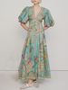 Women's Clothing Lantern Sleeve V Neck Silhouette Print Big Swing Holiday Style Dress Long Skirt_ecoleips.com