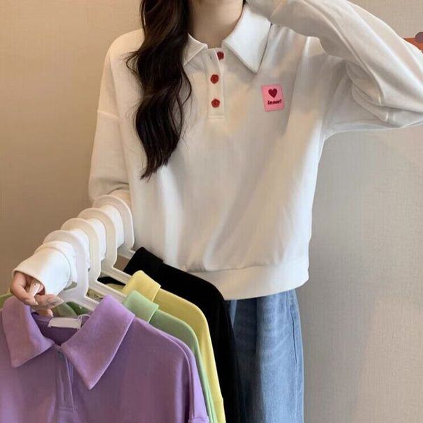 Real Shot Of Cotton Short POLO Collar Sweatshirt Women, Autumn Loose Slim-fit Thin Pullover Top With Long Sleeves,_ecoleips.com