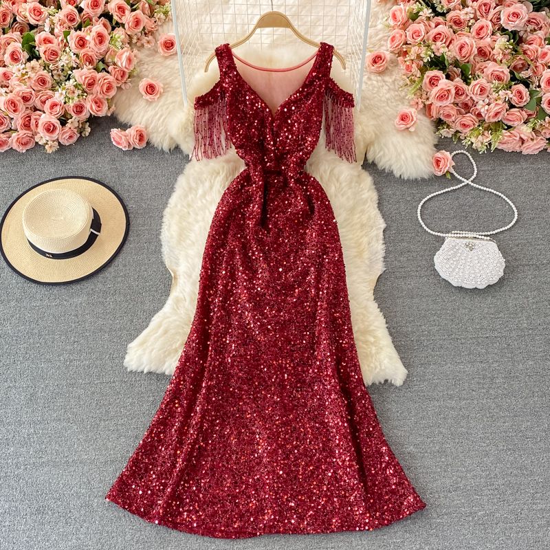 Women's Clothing Temperament Sequins Host Aura Queen Dress V Neck Long Dress Fishtail Hip Dress_ecoleips.com
