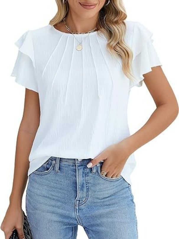 K Women's Formal Casual Pleated Short Sleeve Round Neck Blouse Business Work Shirt_ecoleips.com
