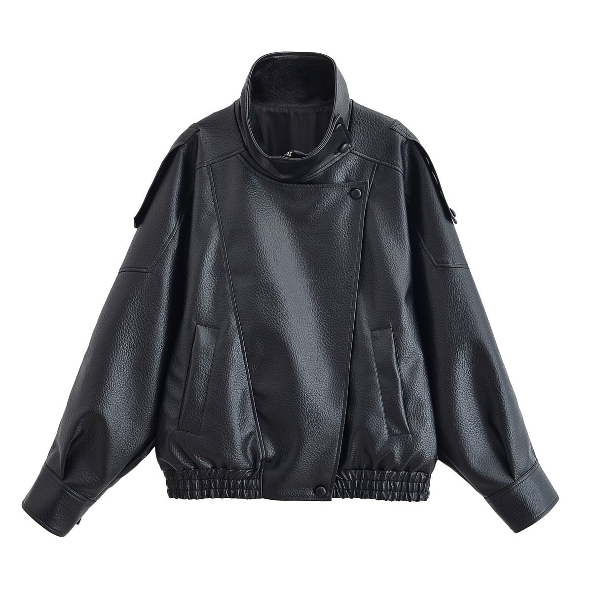 Women's Faux Leather Jacket With Stand Collar, Litchi Grain Texture, Loose Fit, Long Sleeve, Black, Casual & Office Wear_ecoleips.com