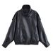 Women's Faux Leather Jacket With Stand Collar, Litchi Grain Texture, Loose Fit, Long Sleeve, Black, Casual & Office Wear_ecoleips.com