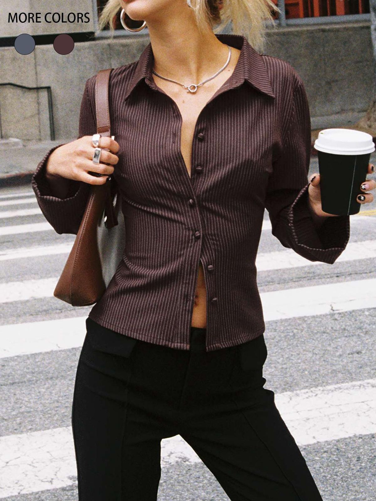 Women's Slim Fit Striped Cardigan Long Sleeve Lapel Button Down Shirt Versatile Top For Spring/Autumn European And American Style_ecoleips.com