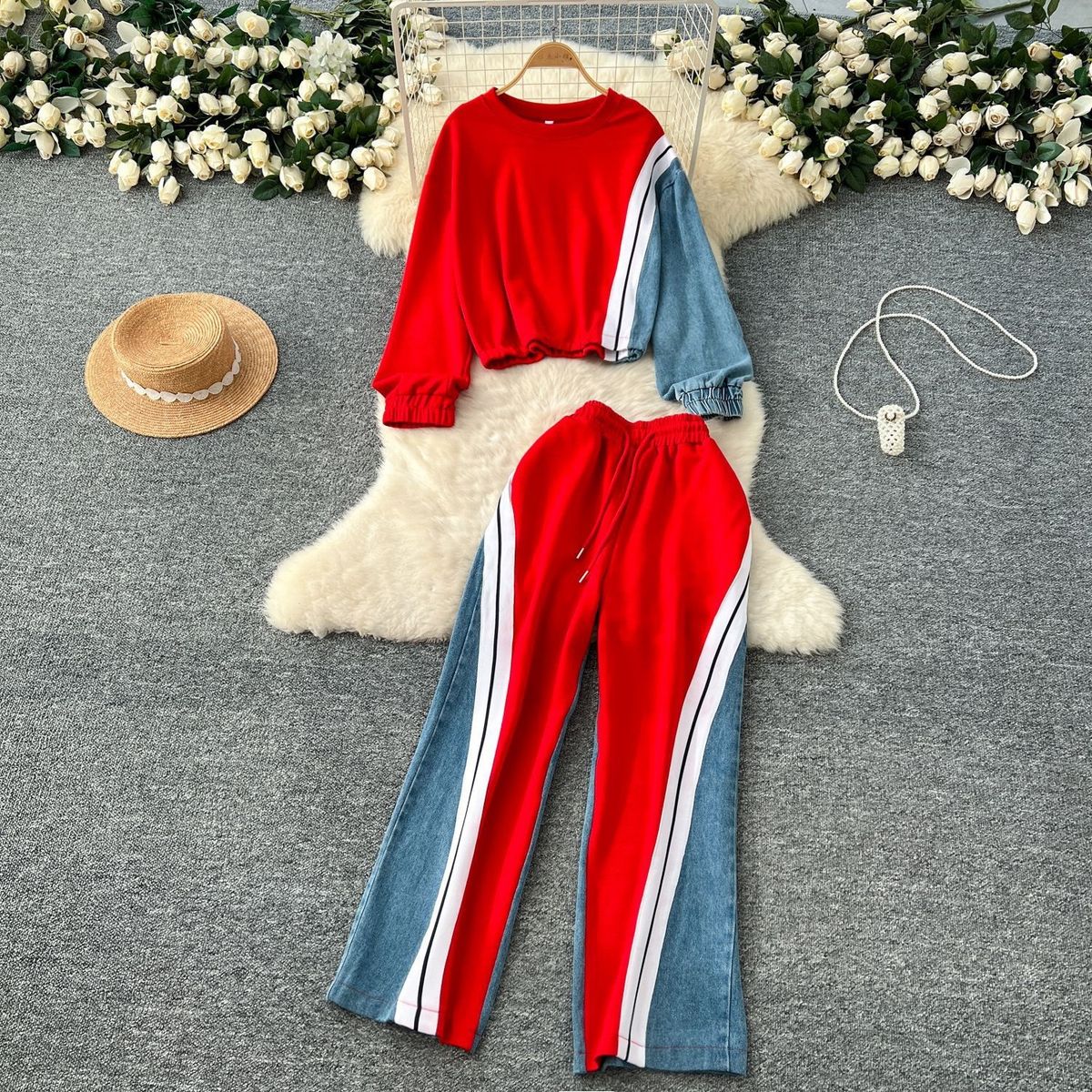 European And American Fashion Suit For Women, Vintage Casual Color-block Long-sleeve Sweatshirt With Denim Patchwork_ecoleips.com