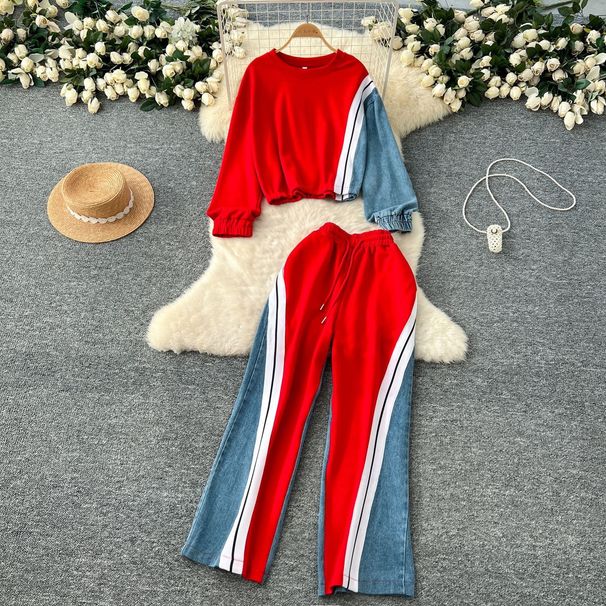 European And American Fashion Suit For Women, Vintage Casual Color-block Long-sleeve Sweatshirt With Denim Patchwork_ecoleips.com