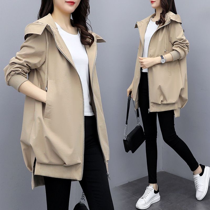 Women's Trench Coat Long Sleeve Casual Hooded Jacket Loose Fit Lightweight Windbreaker (Black, Khaki, Light Green, Beige)_ecoleips.com