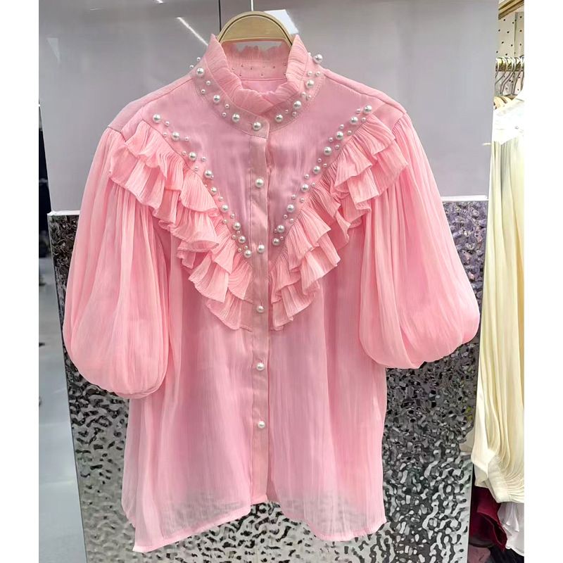 Women's Clothing Style Women's Elegant Luxurious High Neck Ruffled Blouse Beaded Lantern Sleeved Top For Formal & Casual_ecoleips.com