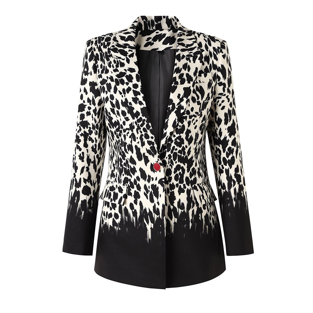 Spring And Autumn New Leopard Print Pattern Gradient Red One Button Mid Length Small Suit Coat_ecoleips.com