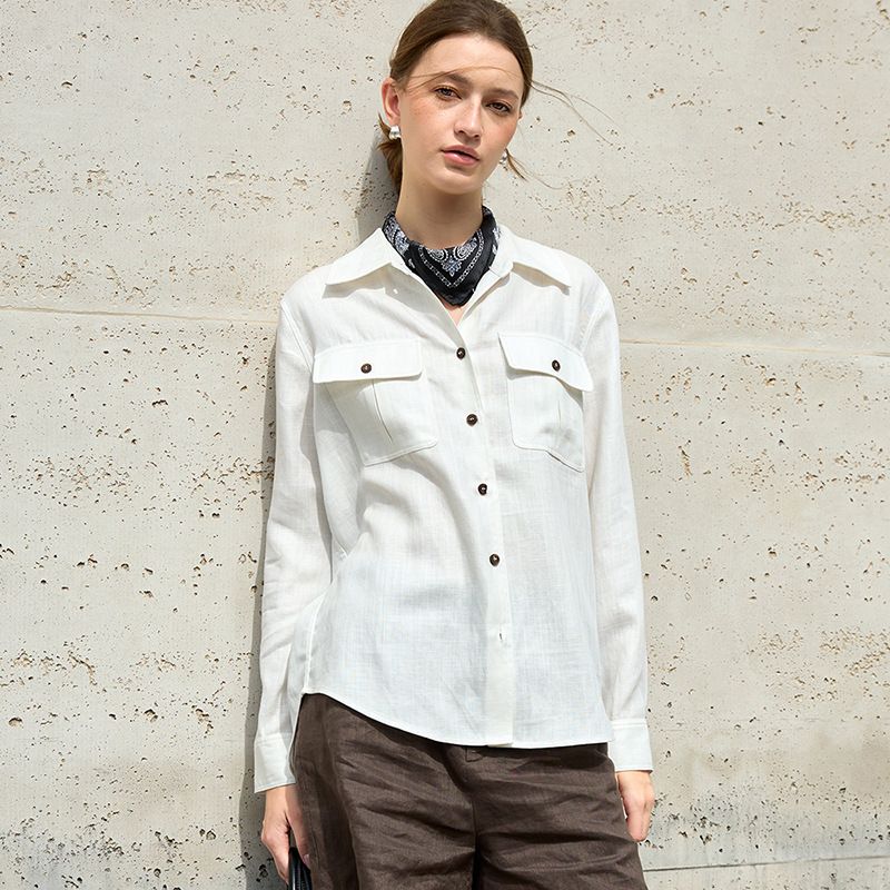 Women's Old Qian Feng Lyocell Linen Shirt Collared Workwear Pocket Top Loose Fit Versatile Cotton Linen Commuter Shirt for Spring_ecoleips.com