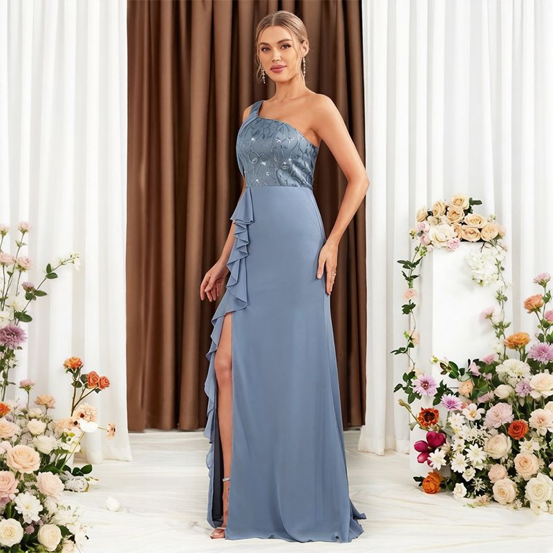Summer New Style Solid Color Women's Evening Dress Slit Lace Up Strappy Backless Fashion Ruffled Ribbon Long Dress For Party Wear_ecoleips.com