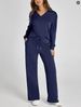 Women's Clothing Loose V Neck Long Sleeved Top With Drawstring Design Elastic Waist Flared Trousers Two Piece Set_ecoleips.com