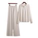 Cross-Border European And American Autumn Winter Sweater Suit Polo Collar Knitted Pullover + Wide-Leg Trousers Two-Piece_ecoleips.com