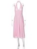 Hugcitar Elegant Halter Solid V Neck Backless Patchwork Lace Sexy Pleated Midi Dress Summer Women Beach Vacation Outfit Party_ecoleips.com