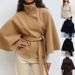 Women's Autumn/Winter Fashion Solid Color Cloak With Standing Collar, Buttoned Belt, And Windbreaker Jacket_ecoleips.com