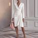 Slim Fit Solid Color Hip Skirt V-Neck Long Sleeve Pleated Design Dress For Women Sexy_ecoleips.com