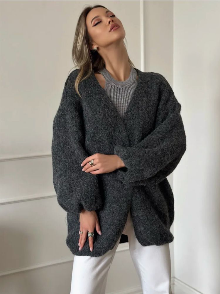 Oversized Alpaca-Style Cardigan Coat Longline Knit Duster With Lantern Sleeves ( Warm Winter Layering Essential In White/Charcoal)_ecoleips.com