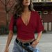 Summer Y2K Women's Casual Short Top T-Shirt Ruched Waist Slimming Deep V Neck Solid Color Style_ecoleips.com