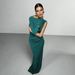 Women Elegant Formal Evening Dress, Asymmetrical One‑Shoulder Sleeve, Solid Color, High Slit Detail, Slim‑Fit Silhouette_ecoleips.com