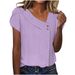 Women's Clothing Pullover V Neck Solid Color Button Top Summer Short Sleeved Loose Women's T Shirt_ecoleips.com
