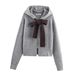 Aria Basics Aria Basics Women's Hooded Zippe Sweatshit With Bow Decoation, Cadigan Coat, Euopean Ameican Casual Style Fo Autumn And_ecoleips.com