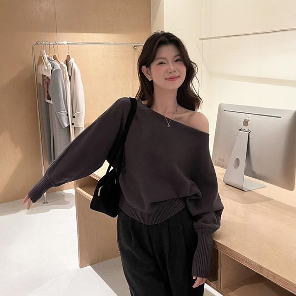 Aria Basics Aria Basics Korean-style Knit Sweater With A Subtle, Alluring Vibe, Off-shoulder Design, Women's Autumn High-end Casual Sweater,_ecoleips.com