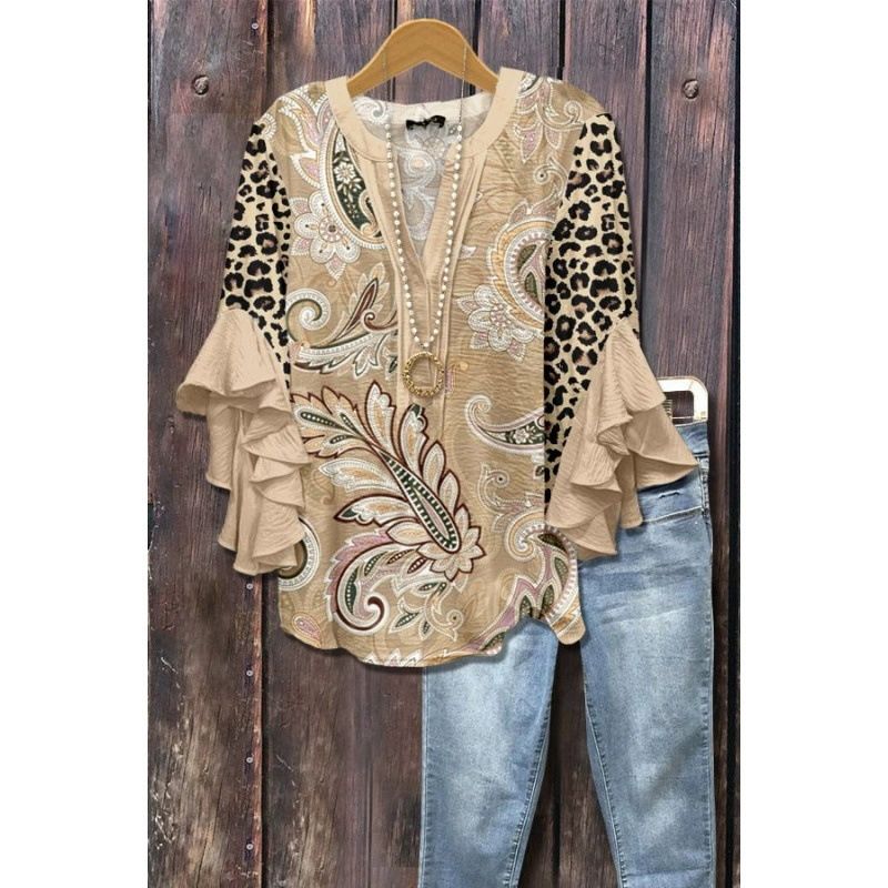 Women's Casual V Neck T-Shirt Floral 3D Digital Print Lotus Trim Trendy Top Creative Design Regular Fit_ecoleips.com