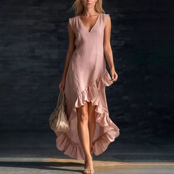 Bohemian V-Neck Maxi Dress for Women Sleeveless Cotton-Linen Blend Summer Dress with Flowy Ruffle Detail_ecoleips.com