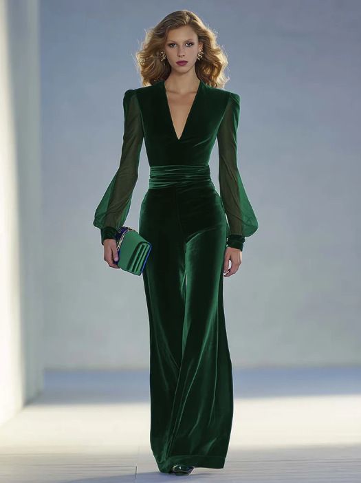 Elegant Jumpsuit For Women - Stylish Corduroy Romper With Flared Legs, Mid Waist, 3/4 Sleeve, Solid Color - XS To 2XL (Green, Blue)_ecoleips.com