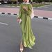 Muslim Dress Women Elegant Long Sleeve Maxi Dress With Self-Tie Detail - Women's Chic Solid Color Knitted Dress For Office & Casual Wear_ecoleips.com