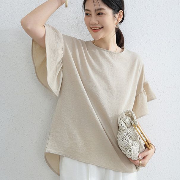 Stylish And Youthful Round-Neck Cotton And Linen Short-Sleeved Top, Loose Summer, Concealing Flesh And Slimming, Casual_ecoleips.com
