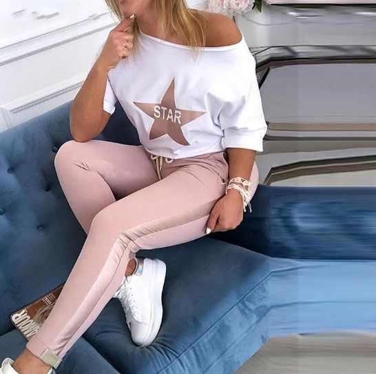 Women's Clothing Summer Style Star Letter Printed Casual Suit_ecoleips.com