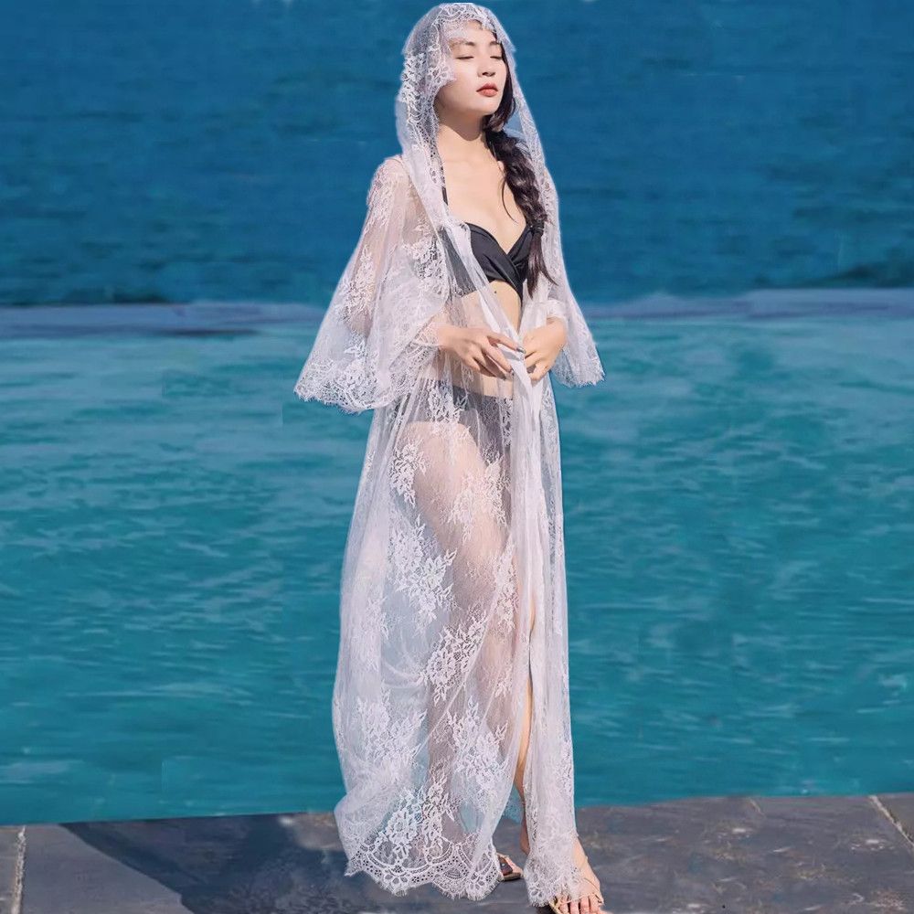 Korean Style Beach Vacation Hooded Cover up for Women Super Cute Sun Protection Clothing with Embroidered Details New 2022_ecoleips.com