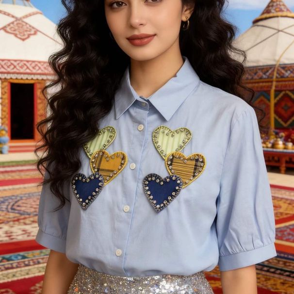 Black Shirt Minimalist Style Geometric Heart Shaped Button Retro Puff Sleeves Women's Clothing Tops_ecoleips.com