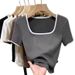 Short-sleeved T-shirt Women's Summer New Casual Square Collar Contrasting Color Fashion Bottoming Shirt_ecoleips.com