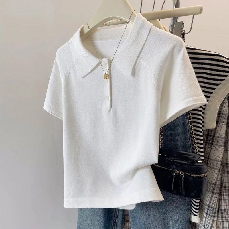 Women's Knitted Short Sleeve T-Shirt Casual Stylish Loose Fit Summer Collared Shoulder Top New Style_ecoleips.com