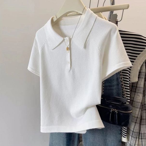 Women's Knitted Short Sleeve T-Shirt Casual Stylish Loose Fit Summer Collared Shoulder Top New Style_ecoleips.com