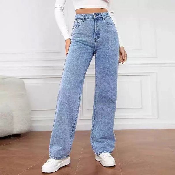 Women's Vintage Washed Denim Jeans, Straight Leg Casual Trousers For Retro Fashion Style, Classic Blue & Black_ecoleips.com