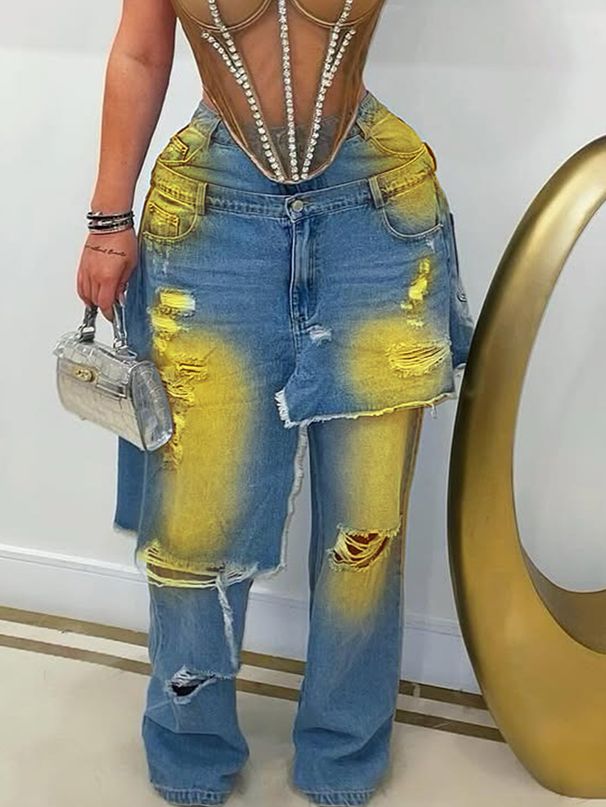 Women's Double Waist Layered Denim Jeans Pink Gradient Distressed Wide Leg Pants Streetwear Casual Ripped Jeans For Daily & Party_ecoleips.com