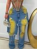 Women's Double Waist Layered Denim Jeans Pink Gradient Distressed Wide Leg Pants Streetwear Casual Ripped Jeans For Daily & Party_ecoleips.com
