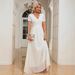 Women's Clothing Elegant Lace Trim Chiffon V-Neck A-Line Long Dress – Wedding Guest Dress, Evening Gown (White, S/M/L/XL)_ecoleips.com