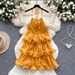 Elegant Yellow Floral French-Inspired Halter Neck Dress With Ruffled Hem & Tiered Skirt For Summer Vacation_ecoleips.com