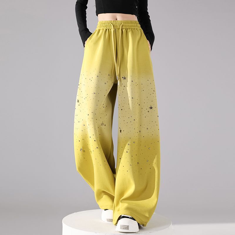 Women's Star Patterned Rhinestone Gradient Color Casual Pants Elastic Waist Wide Leg Sweatpants Street Style Cool Autumn Winter_ecoleips.com