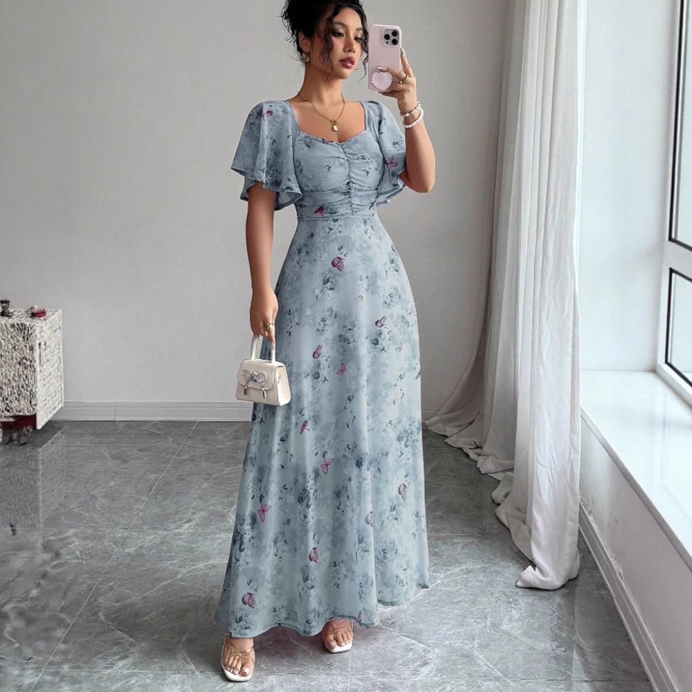 Summer Ruffled Sleeve Print Slim Fit Elegant Dress Women's Clothing European American Style Cross Border Trade New Arrival 2025_ecoleips.com